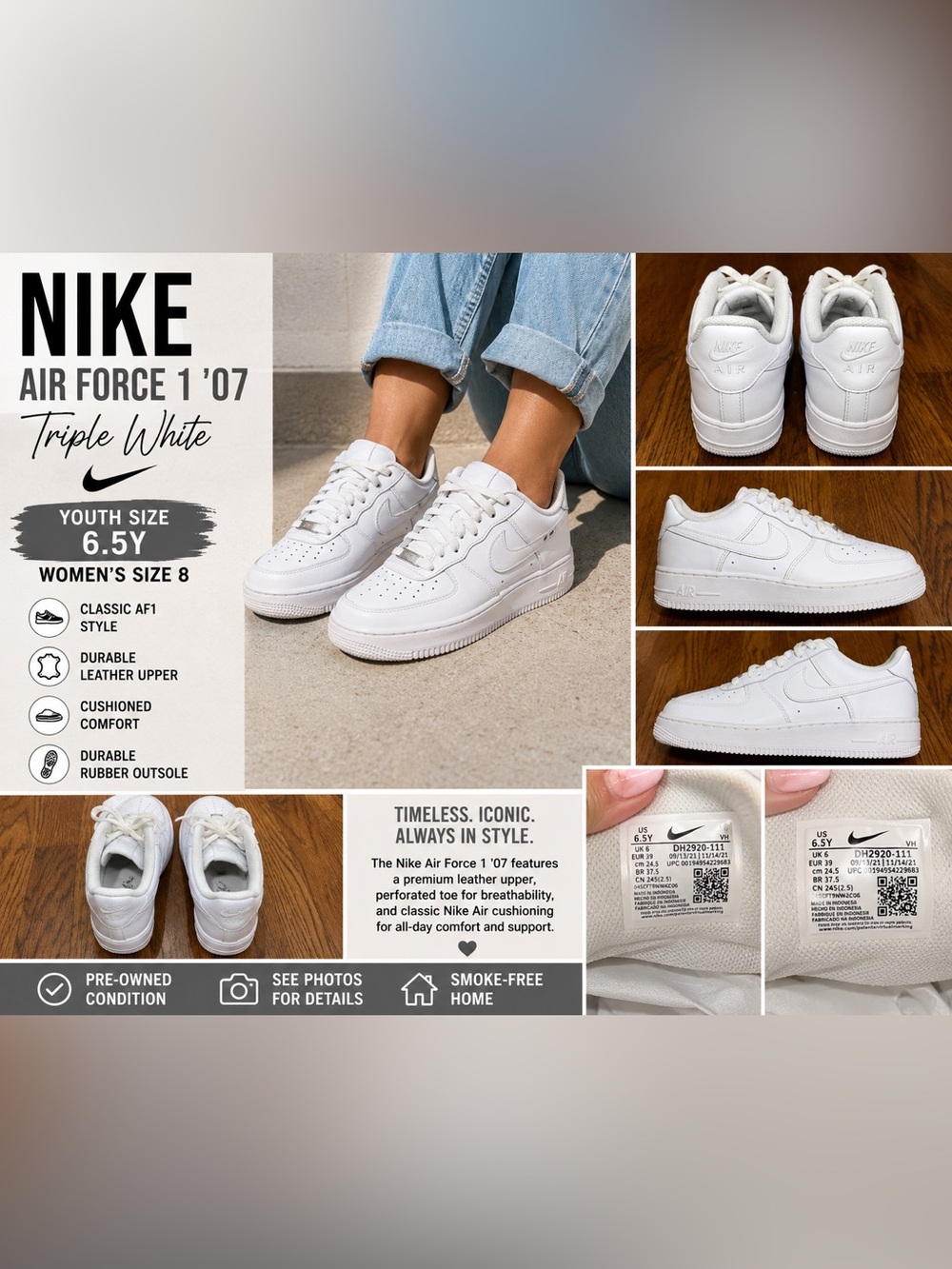 Nike Air Force 1 ‘07 Triple White Leather Sneakers Youth Size 6.5Y Women’s 8